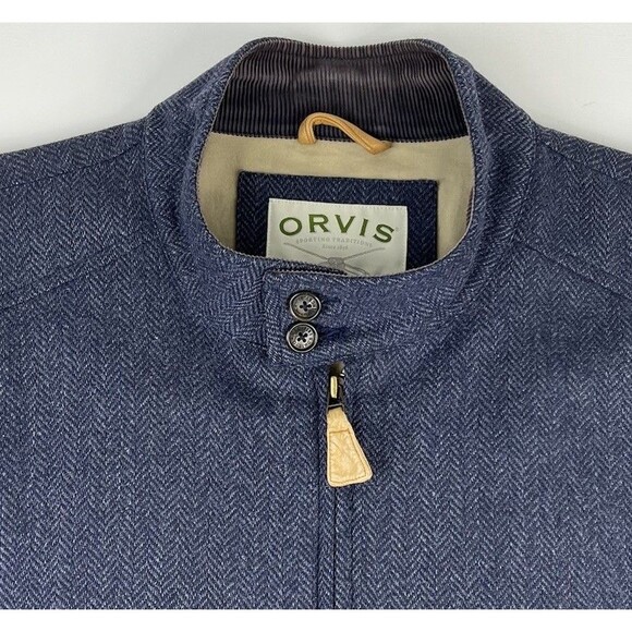 Orvis Mens 2XL Navy Blue Herringbone Wool Hunting Shooting Full Zip Lined Jacket - Picture 3 of 8